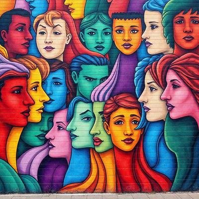 The primary subject of the image is a large mural featuring a diverse group of people. The mural is painted on a brick wall, and the people depicted in the mural are of various colors and ethnicities. The setting is an urban environment, with the mural likely located in a public space. The visual style of the mural is a combination of digital art and illustration, creating a vibrant and engaging scene. The colors and mood of the mural are lively and energetic, reflecting